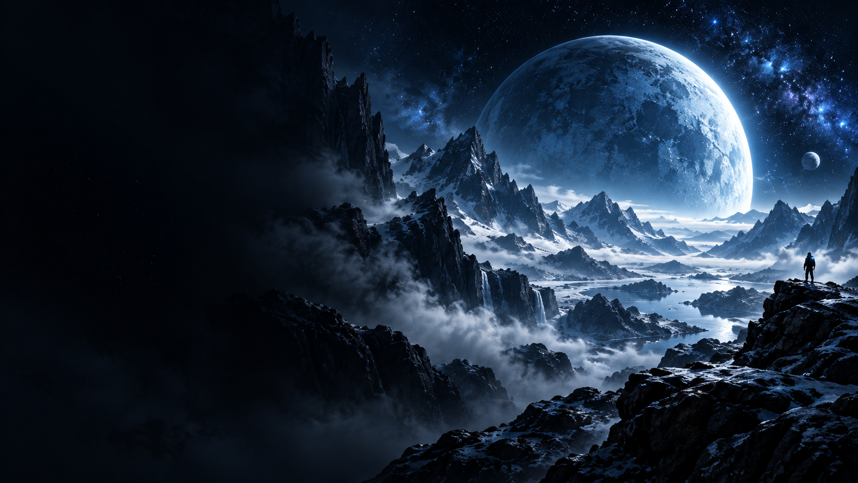Cinematic alien mountain landscape with a blue moon